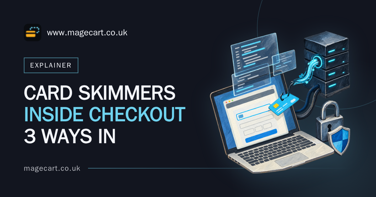 Flat illustration of a blank website live chat panel cropped at the left edge with a thin blue line leaving its foot, with the words "How Card Skimmers Steal Card Details, Step by Step" set on it